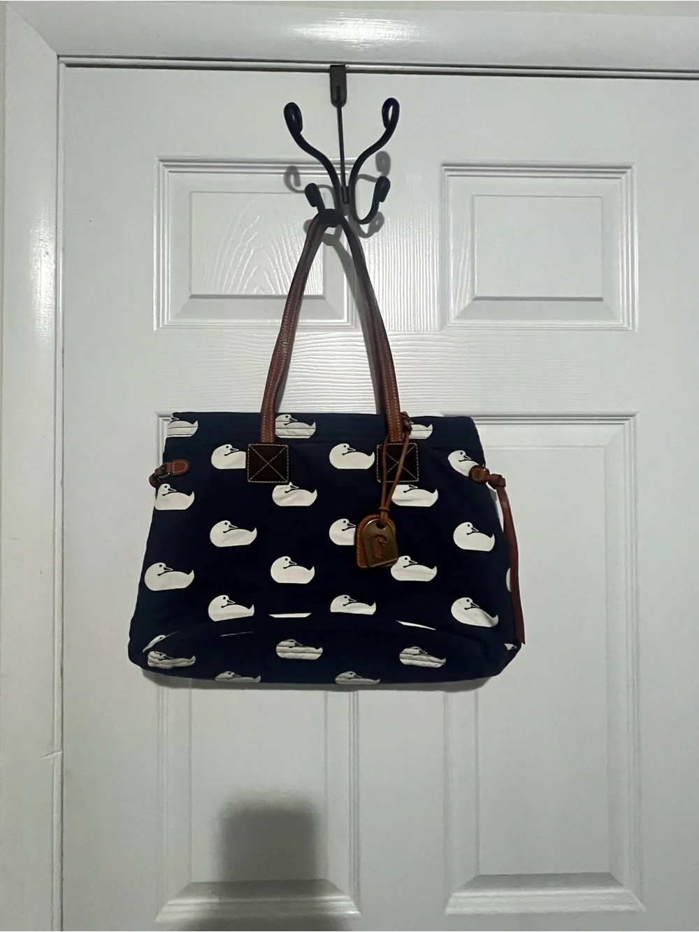 Dooney & Bourke Navy Tote with White Duck Print and Brown Leather Straps